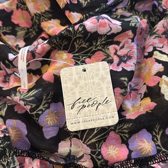 Free People Maybel Blouse Top Shirt Tie-up Floral Black Combo Large L NWT - Picture 11 of 12